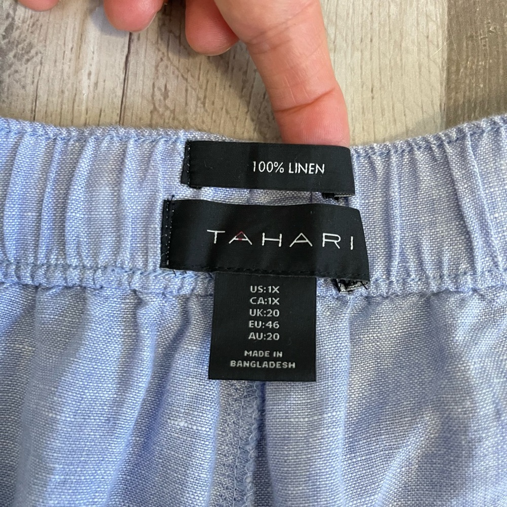 Tahari Plus Size 1X Blue 100% Linen High Rise Pull-On Shorts Pockets - Picture 10 of 10